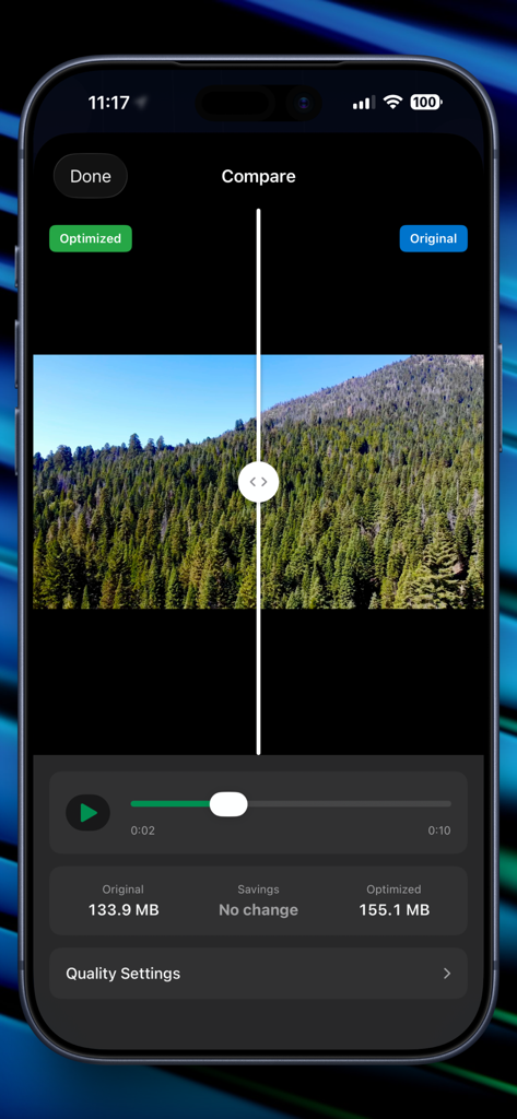 Sami - Media Optimizer - Side-by-side video comparison screen in Sami app showing original versus optimized quality of a forest landscape.
