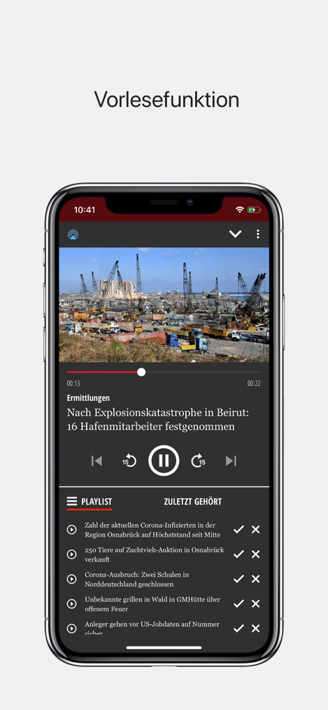 dk News - Interfaz de la aplicación dk News mostrando la función de lectura de audio con un titular de noticias y una lista de reproducción.