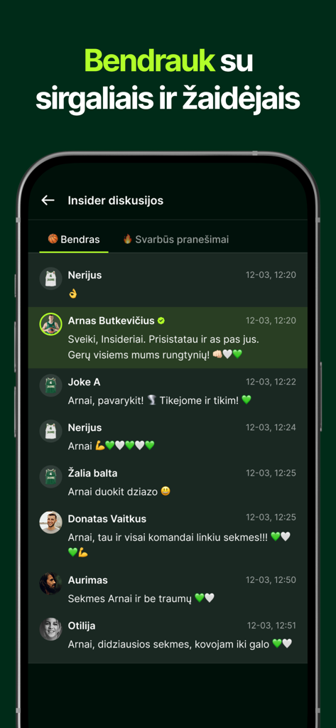 Žalgiris - Mobile interface of the Zalgiris app displaying a chat between fans and basketball players.