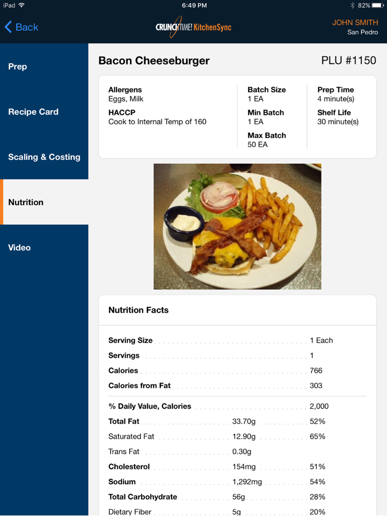 Nutrition facts and recipe details for a bacon cheeseburger in the Crunchtime Kitchen Sync app