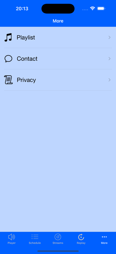 More options screen in the Caroline Flashback app showing links for playlist contact and privacy