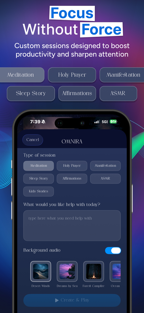 Omnira: Focus & Sleep Sounds - Interface of the Omnira app showing options to create custom focus and sleep sound sessions with a productivity optimization focus
