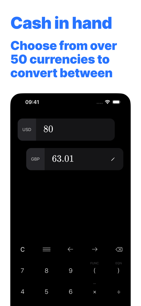TechniCalc app interface showing a currency conversion from US dollars to British pounds in dark mode