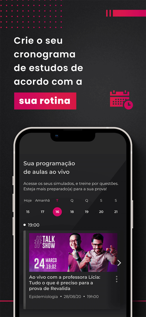 Medcel app interface displaying a personalized study schedule and upcoming live medical residency classes.