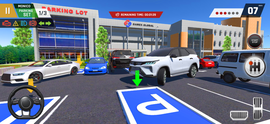 A white SUV maneuvers into a designated parking spot in a 3D car parking simulation game