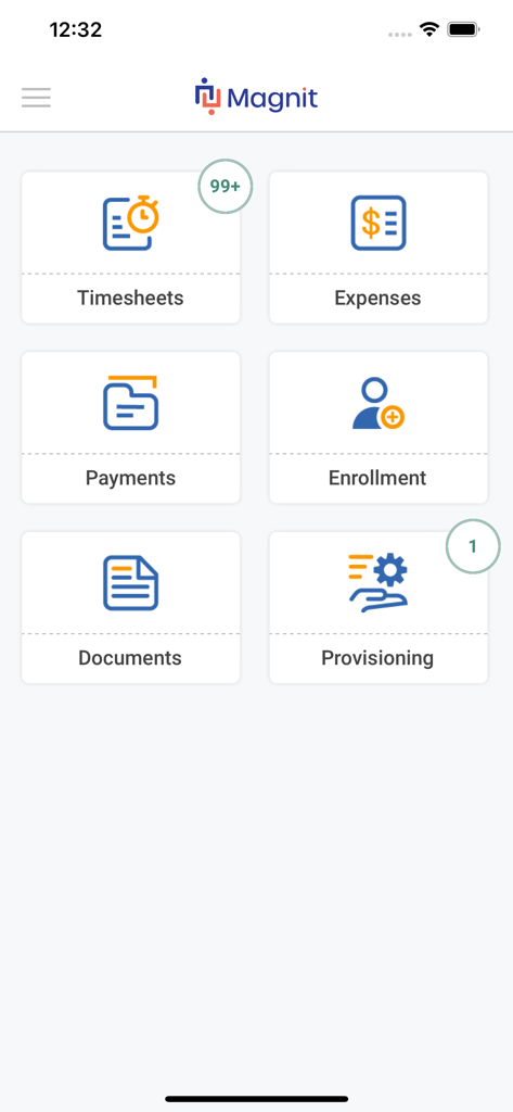 Magnit mobile app dashboard featuring icons for timesheets expenses payments and documents
