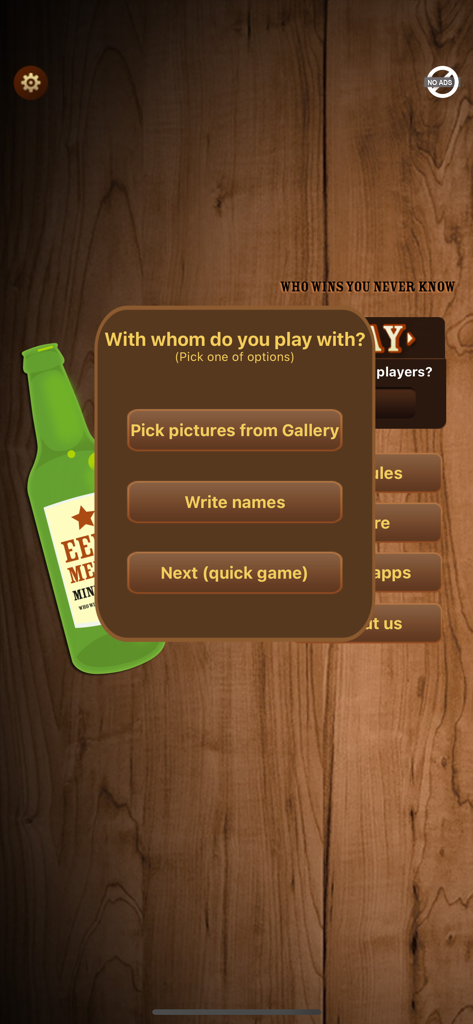 Spin the Bottle game menu with options to pick players from a gallery or write names.