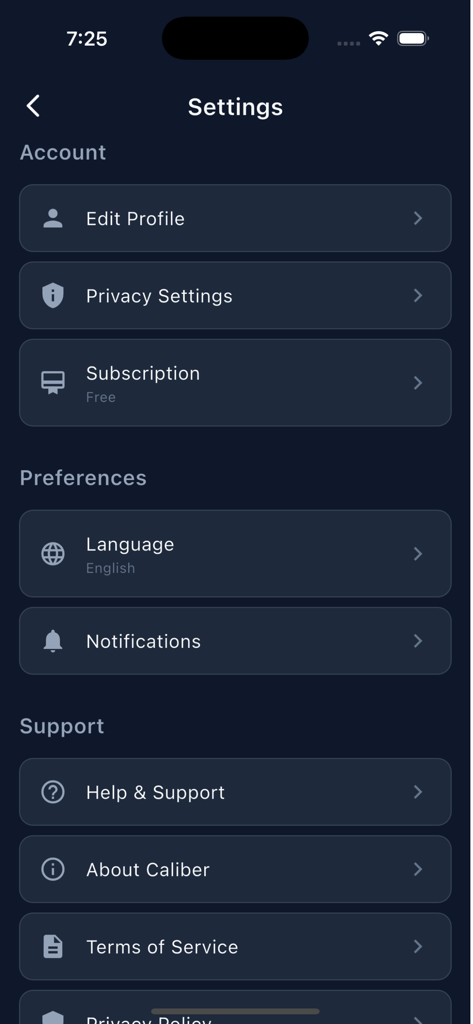 Caliber OS - Settings menu of the Caliber OS app showing options for profile editing, privacy, subscriptions, and language preferences.