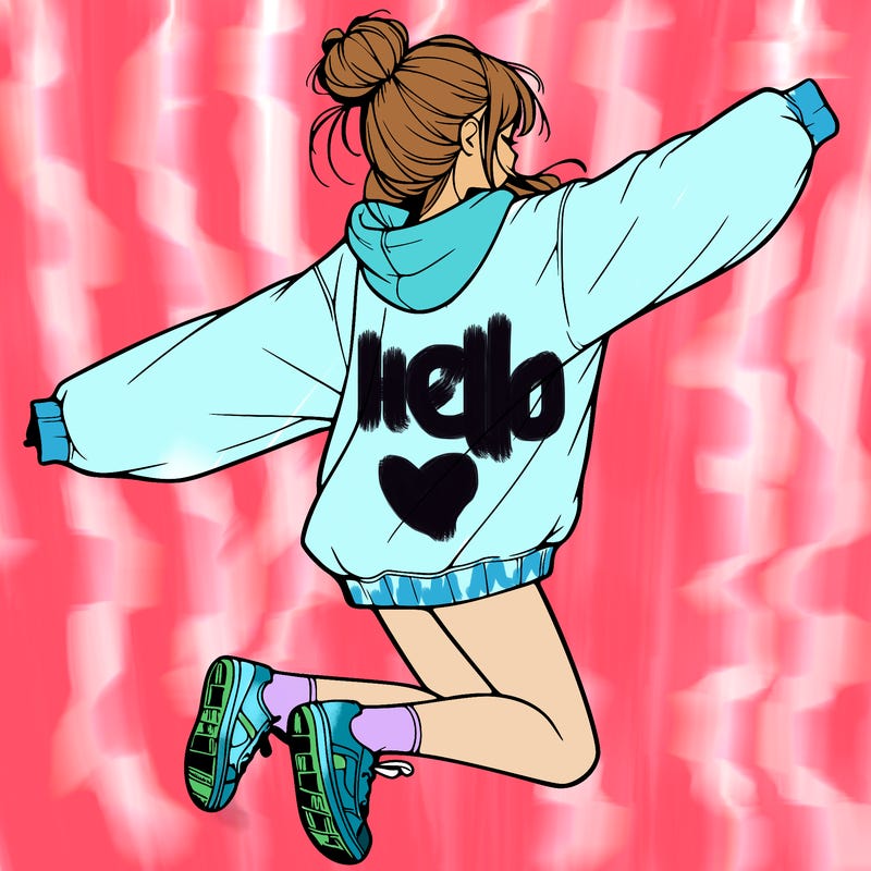 realistic girl jumping with a bun and oversized sweatshirt