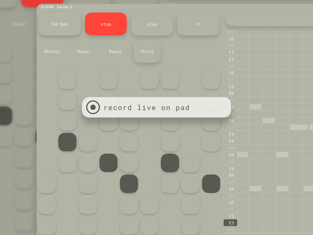 Interfaz de la app de composición MIDI minimalista PadLab para iPad con pads de interpretación y piano roll