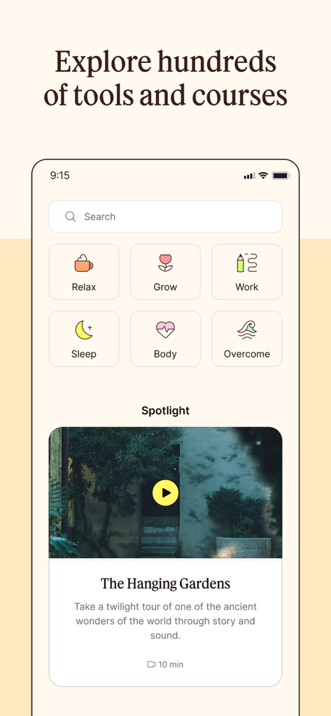 Unmind app interface showing mental health categories like Relax Sleep and Work with a featured spotlight story