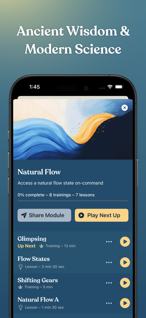 FitMind app screenshot displaying the Natural Flow meditation training module and a list of lessons on ancient wisdom and modern science.