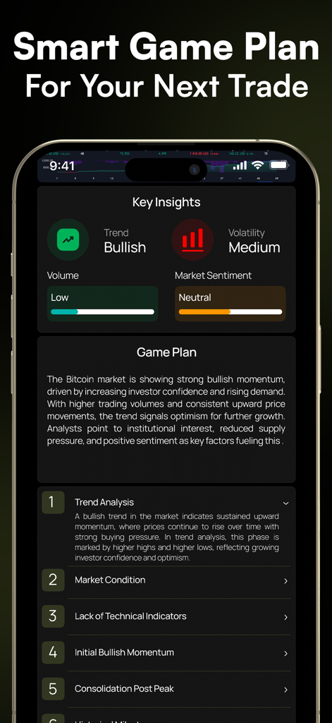 TradeGPT: Ai Trading Assistant - TradeGPT mobile app interface showing AI-generated trading insights and market game plan