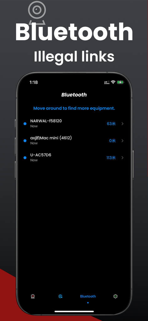 AI Hidden Camera: Privacy Safe - iPhone screen displaying a list of detected Bluetooth devices to identify potential privacy risks and illegal links