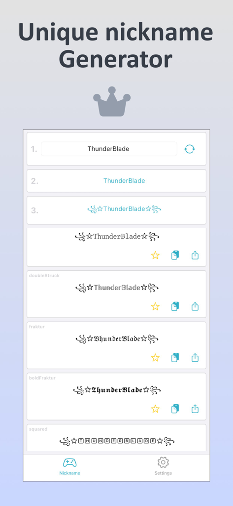 FF: Nickname Generator - App interface showing stylized versions of a gaming nickname with unique fonts and symbols