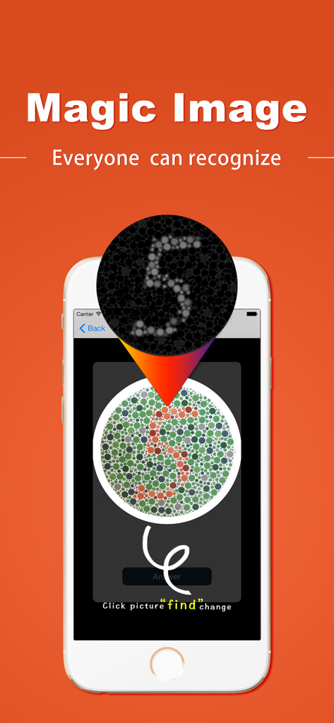 Smartphone screen showing a color blindness test plate with a magnifying tool that reveals a hidden number five
