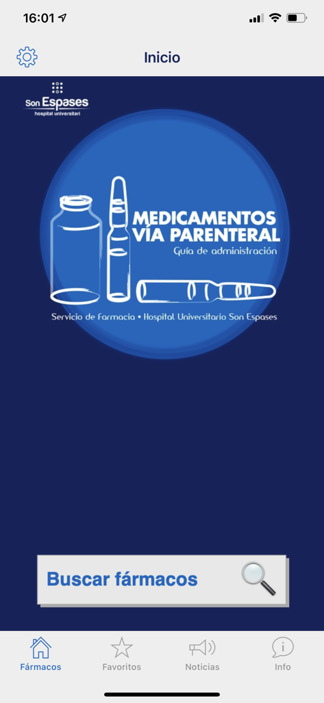 Medicamentos vía parenteral - Interfaz principal de la aplicación Medicamentos vía parenteral que muestra una barra de búsqueda de medicamentos y la marca de la guía de administración.