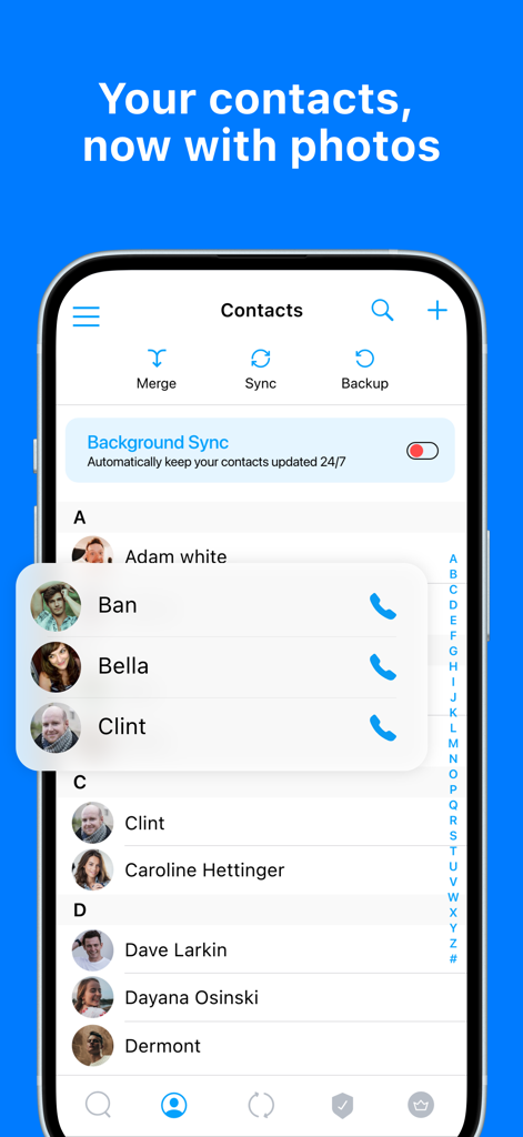 Sync.me app interface showing contact list with synced profile photos and smart management tools like merge and backup