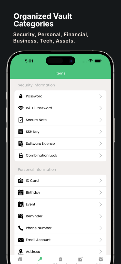 A smartphone screen displaying the organized vault categories of the KeePass Password Manager app showing sections for security and personal information