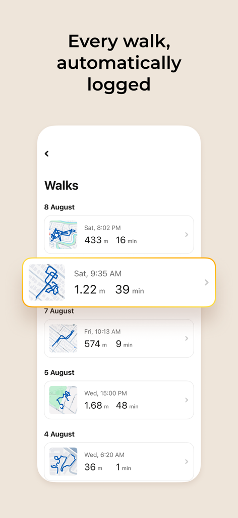 Petcube - A list of automatically logged pet walks in the Petcube app showing routes and durations