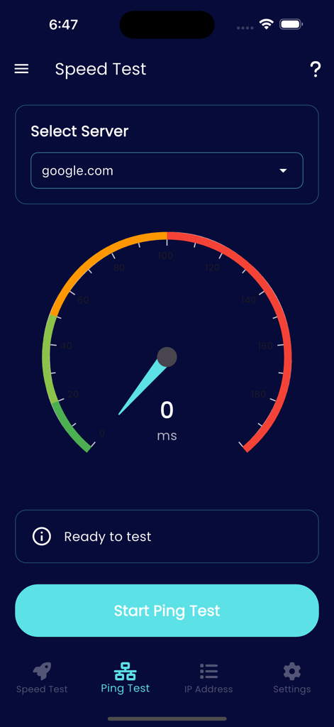 The ping test screen of the Speed Internet Test app featuring a speed gauge and a start test button.