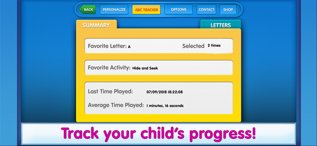 Summary screen of the ABC tracker showing a child's favorite letter and learning activity progress