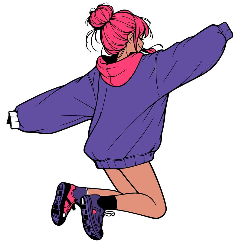 realistic girl jumping with a bun and oversized sweatshirt