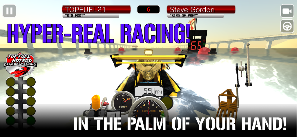 A first-person view of a drag boat racing game on water featuring engine gauges and a starting light tree