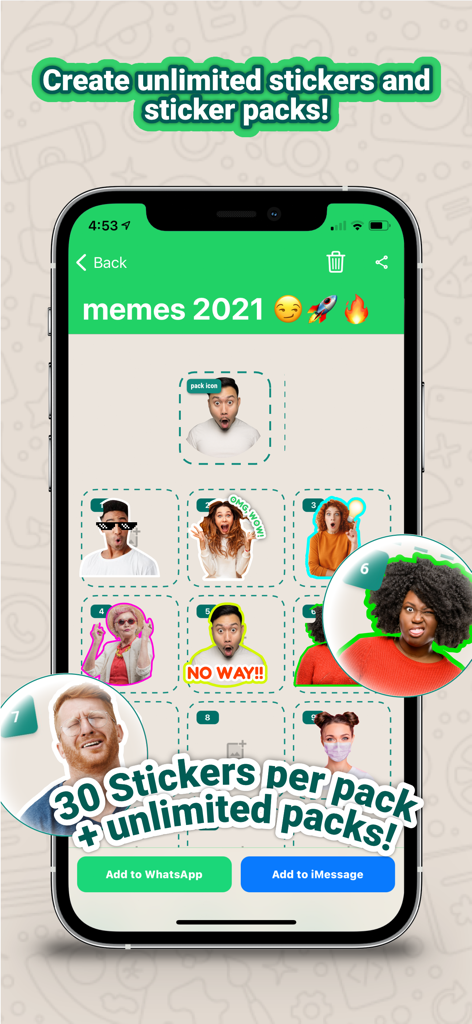 Mobile App-Oberfläche, die die Erstellung von benutzerdefinierten Sticker-Packs für WhatsApp und iMessage mit verschiedenen Aufklebern für Gesichtsausdrücke zeigt.