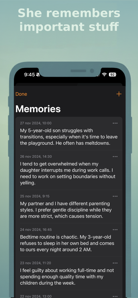 Una pantalla de smartphone que muestra la sección Recuerdos de la aplicación Sophia Helps con varias entradas de diario sobre crianza y emociones.