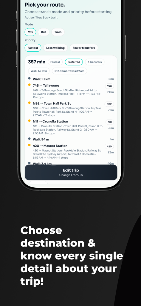 Melbourne Buss & Train Tracker - A mobile interface for the Melbourne Bus and Train Tracker app showing a detailed trip itinerary with bus routes and walking distances.
