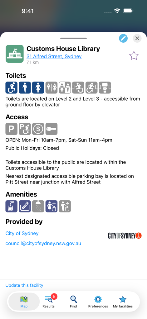 National Public Toilet Map - Facility details in the National Public Toilet Map app for Customs House Library showing accessibility and amenities
