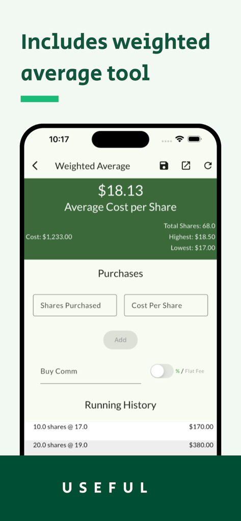 Easy Stock Profit Calculator - Interface showing weighted average stock cost calculation and purchase history