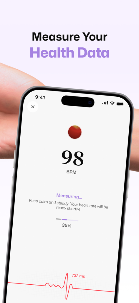 iPhone screen showing the Well AI app measuring a users heart rate in beats per minute with a progress bar and pulse waveform