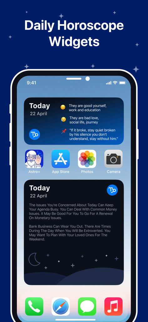 Horoscope & Astrology - Astro+ - Astroプラスアプリからの毎日の星占いウィジェットを表示するスマートフォンのホーム画面