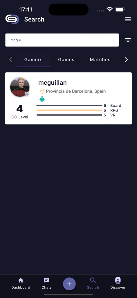 Gamers.Online: LFG & Friends - Benutzersuchergebnisse in der Gamers.Online-App, die eine Spielerprofilkarte mit Fähigkeitsrankings anzeigen.