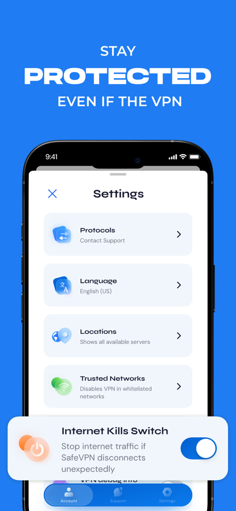 VPN Safe Net: Unlimited Proxy - VPN Safe Net app settings screen showing the Internet Kill Switch toggle