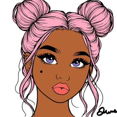 realistic girl with two buns on her hair and lips