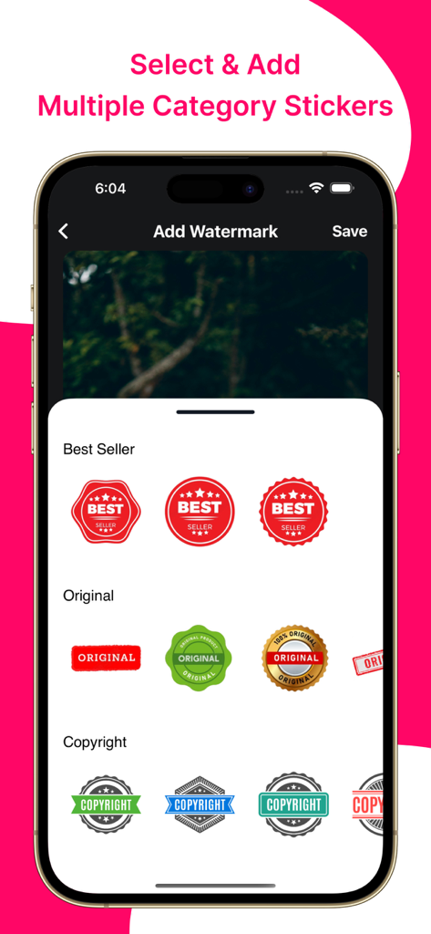 Add Watermark : Photo & Video - iPhone screen showing a variety of watermark stickers categorized by Best Seller, Original, and Copyright labels to add to photos and videos.