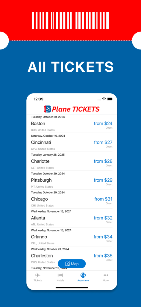 Plane & Airline Tickets - Plane Airline Tickets app interface showing a list of low cost flights to various US destinations