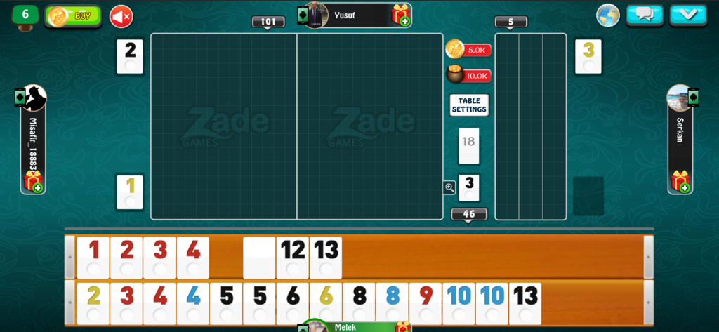 101 Yüzbir Okey Zade Games - Gameplay screen of 101 Yuzbir Okey Zade Games showing numbered tiles on a virtual table