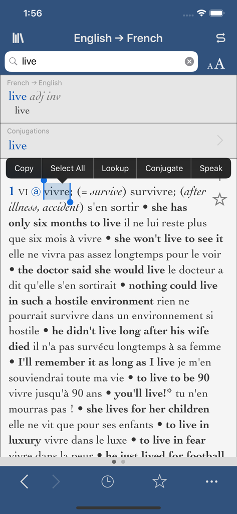 Collins-Robert Concise - Interface do aplicativo Collins-Robert French-English dictionary mostrando traduções e exemplos de uso para a palavra live com um menu contextual na palavra vivre selecionada.