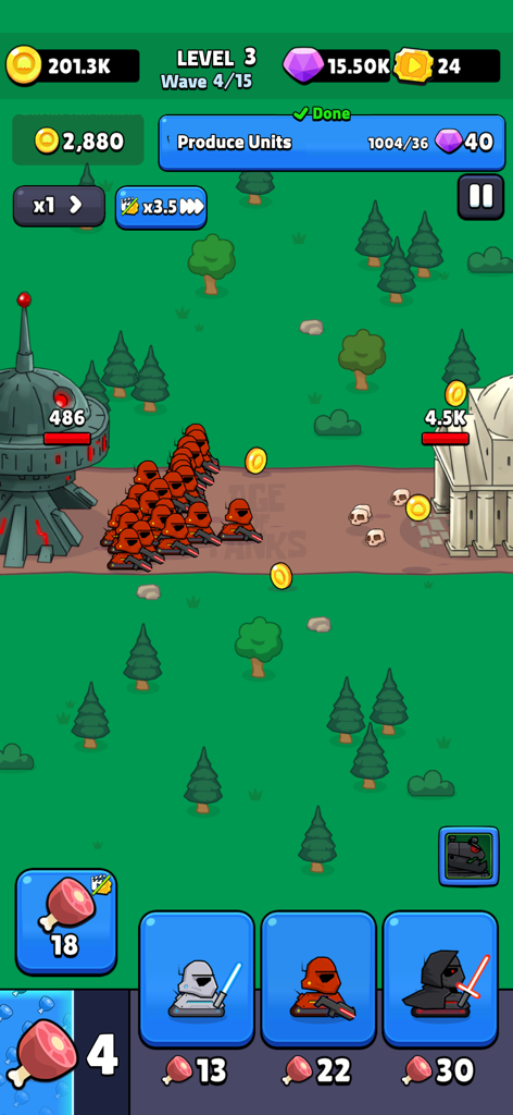 Age of Tanks Warriors: TD War - A battle scene in Age of Tanks Warriors showing red troops marching across a green battlefield between futuristic and classical bases.