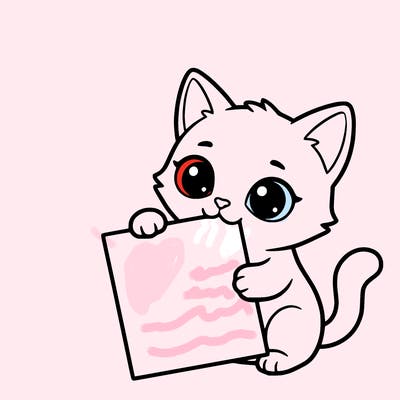 a small cat with a blank sheet of paper in its hand. the cat is sooooooo cute!