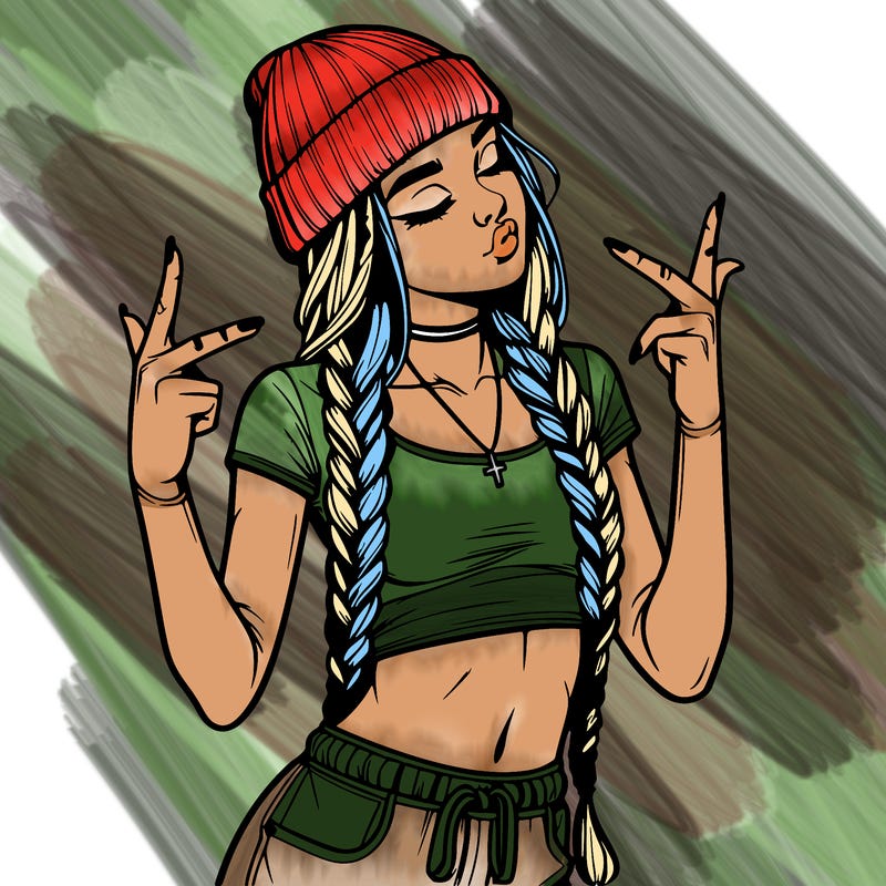 realistic teenage girl with braids and a beanie and crop top doing 🫶🏼