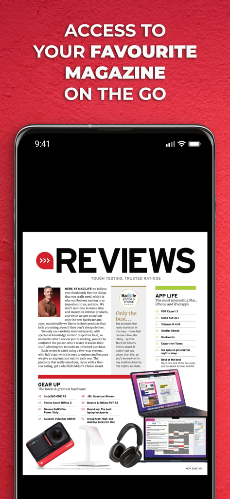 Mac|Life Magazine - Smartphone-Bildschirm, der den Rezensionsteil von Mac Life Magazine mit Tech-Gear- und Software-Anleitungen anzeigt.