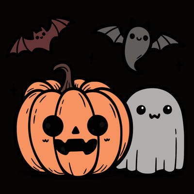 cute pumpkin with a cute ghost and a cute bat
