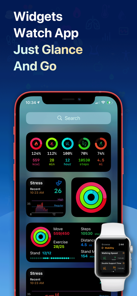 HeartyPro: Heart Rate & Stress - HeartyPro health app widgets on iPhone and Apple Watch showing heart and activity metrics