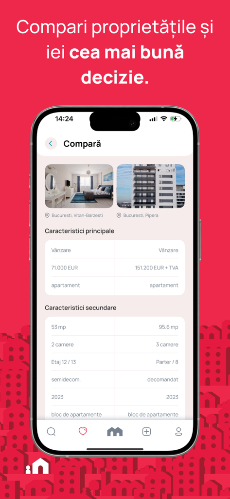 Mobile app interface of Imobiliare.ro showing a side-by-side comparison of two apartments in Bucharest with price and feature details