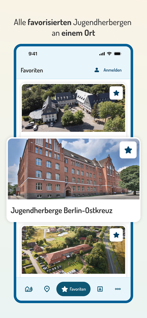 DJH Youth Hostels in Germany - A smartphone screen displaying a list of favorite youth hostels in Germany within the DJH app including the Berlin Ostkreuz hostel